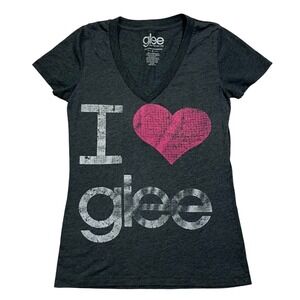 Y2K Glee I Love Glee Pink Heart V Neck T Shirt Womens Mcbling Glam 2011 Size S